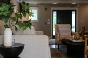 Bright lobby space at Franklin Hotel with neutral furnitore and green plant decor