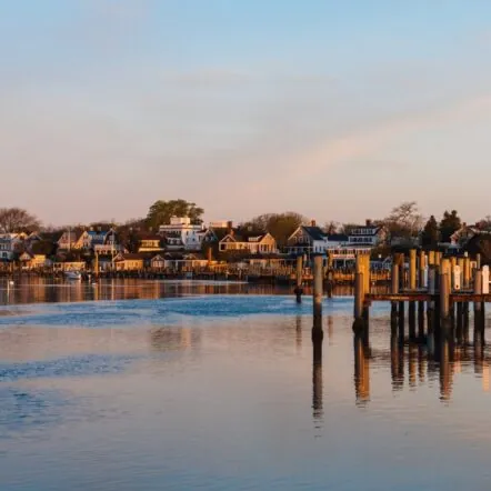 Harbor view near Franklin Hotel with calm water and wooden docks