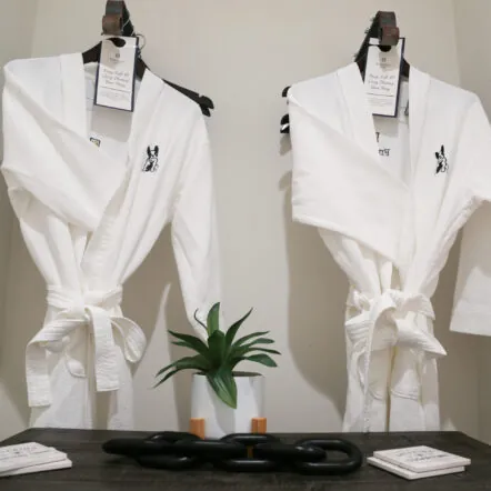 Two white Franklin Hotel robes hanging with a samll plant in between