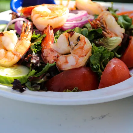 Shrimp salad with mixed greens and red onions